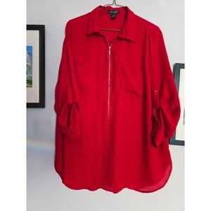 Miss Lili Half Zip Roll Sleeve Tunic Top Blouse Oversized Size 3X Red